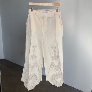 RHODE Cream Embroidered Wide-Leg Linen Trousers